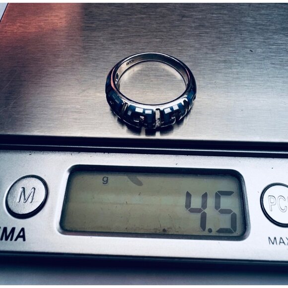 925 Sterling Silver Enamel Band Ring Blue Greek Key Design Size 7.75 - Picture 9 of 11